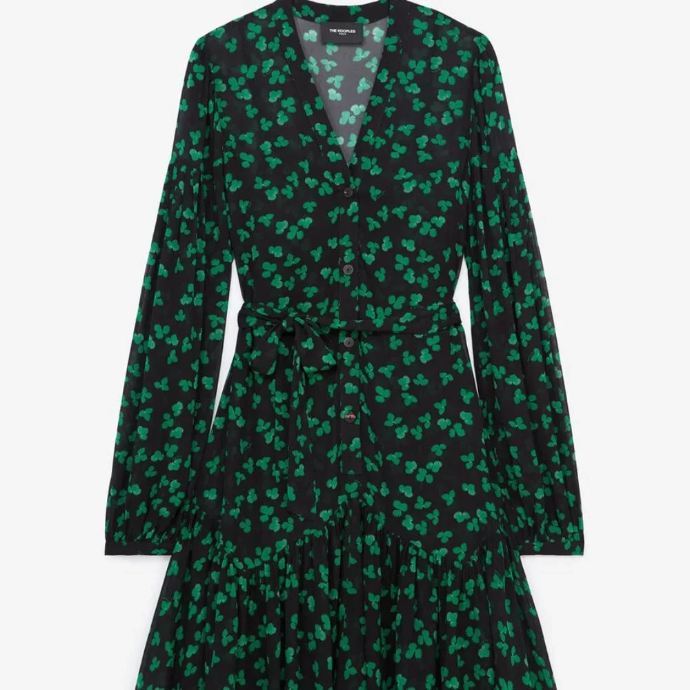 The kooples SHORT BLACK DRESS WITH GREEN PATTERN AND BELT